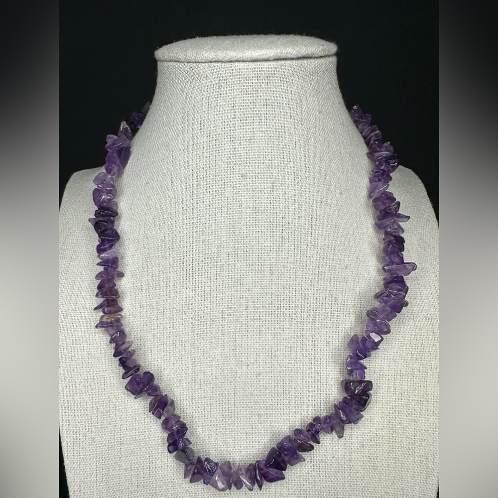 Amethyst Gemstone Chip Bead Collar Necklace With Magnetic Clasp 16”